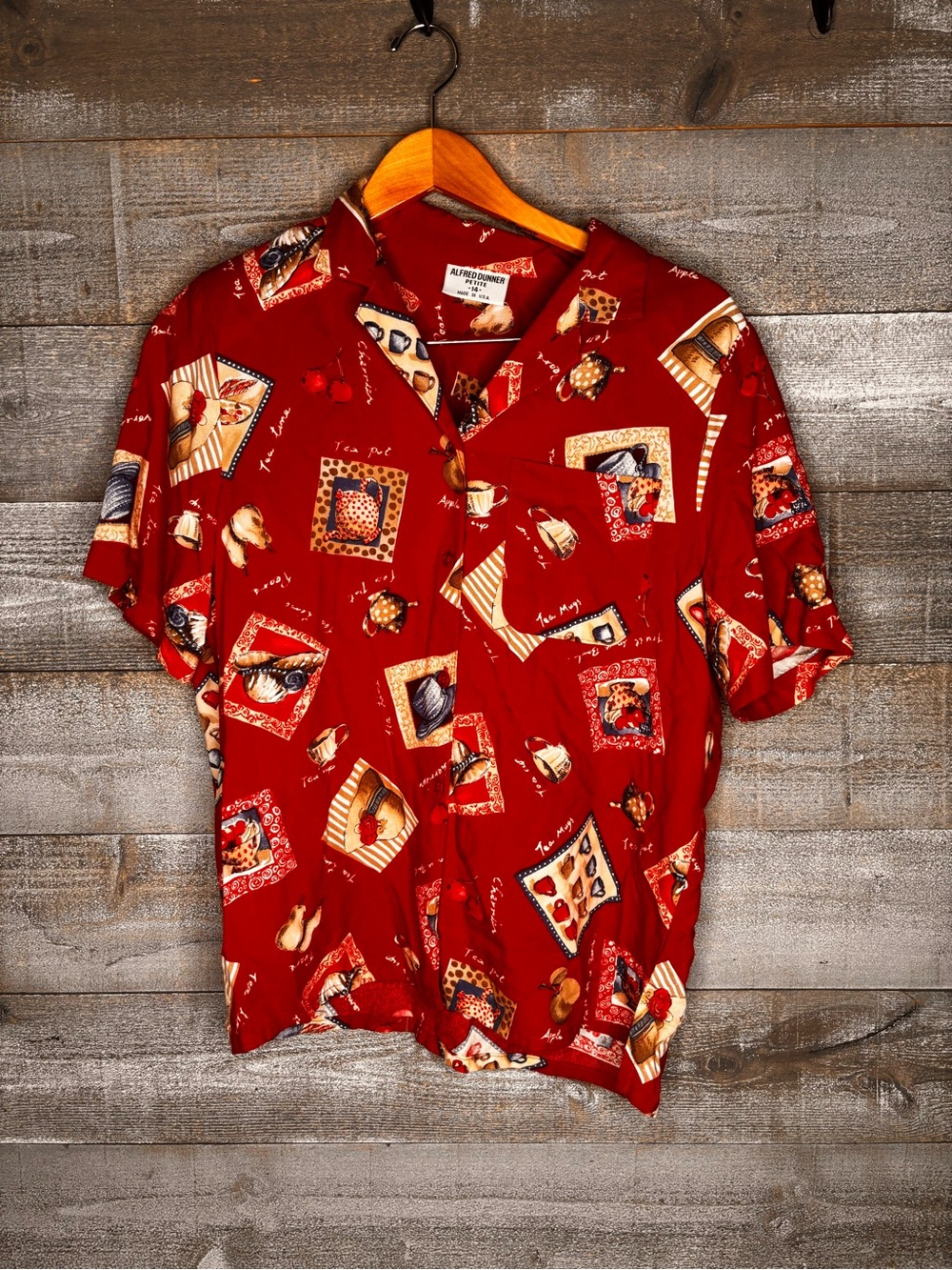 Alfred Dunner vintage summer Red cherry tea time hats print Button-Up Shirt